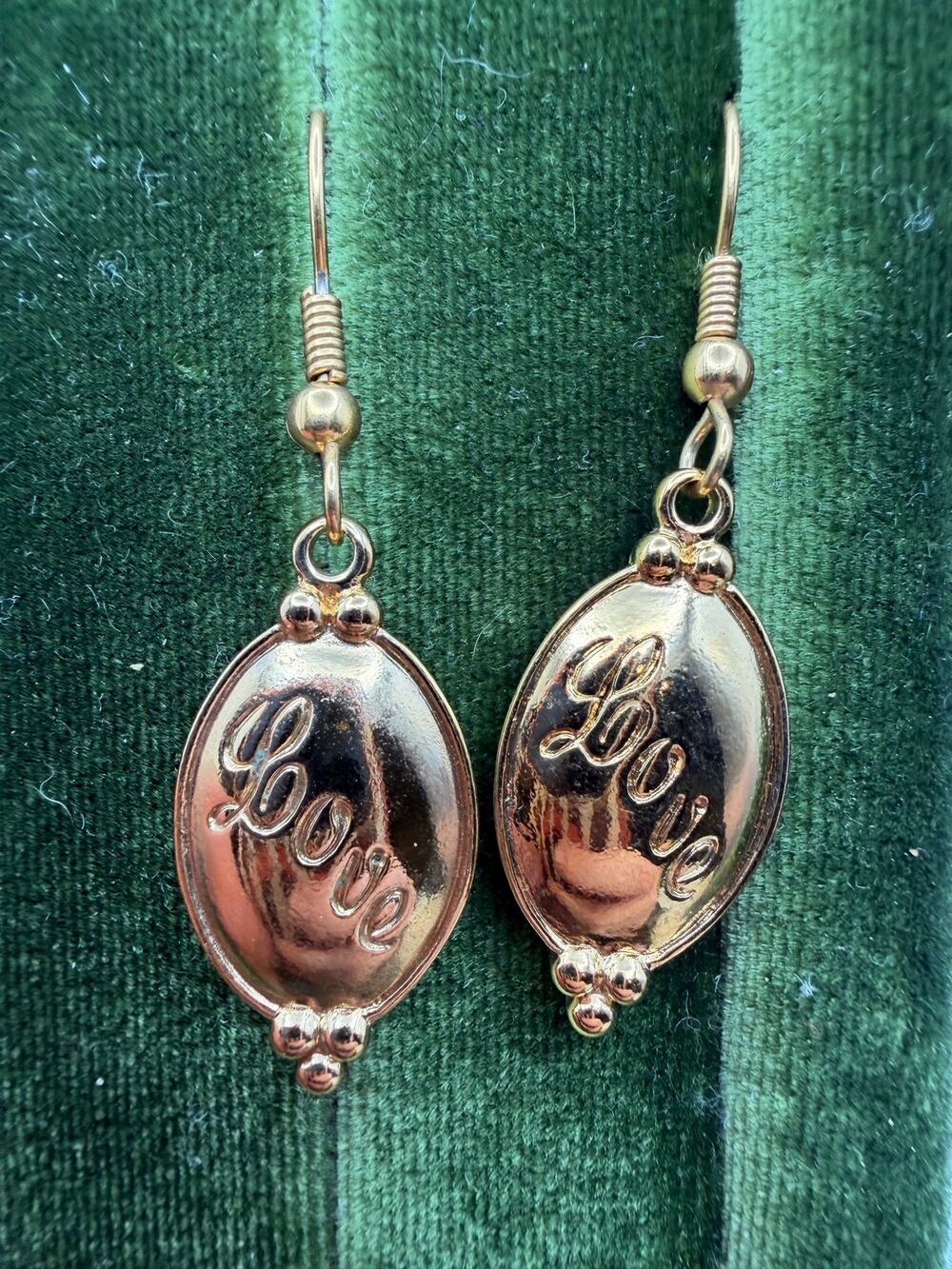 Avon Vintage LOVE Earrings~Gold Metal~Dangle~Fish Hook Back